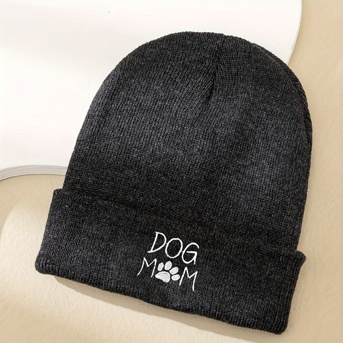 Pandaize Dog Mom Embroidery Beanie - Casual Knit Hat for Autumn & Winter