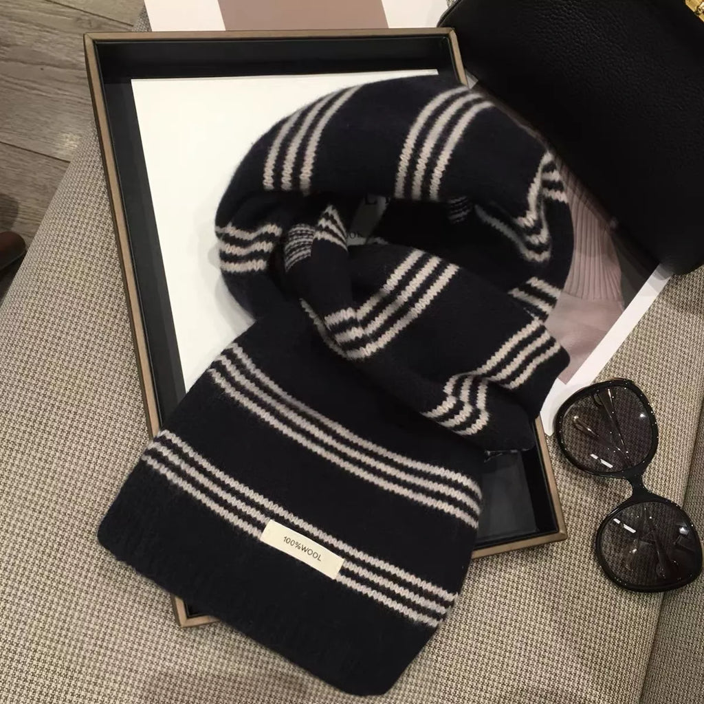 Wool Striped Contrast Knit Warm Scarf