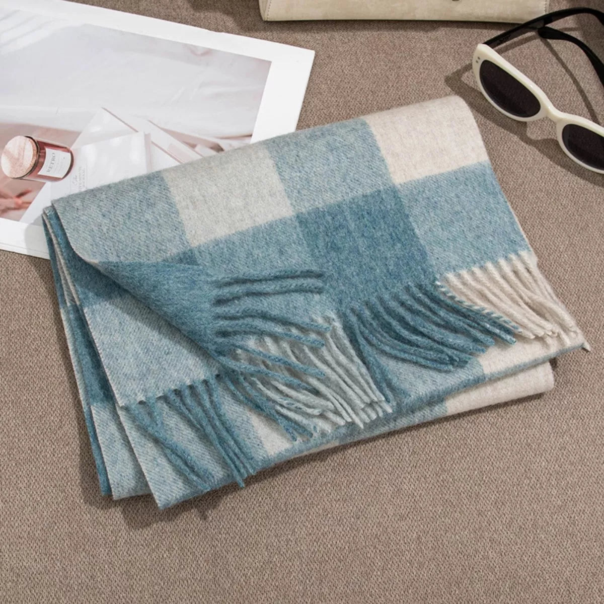 Windowpane Plaid Fringe Scarf