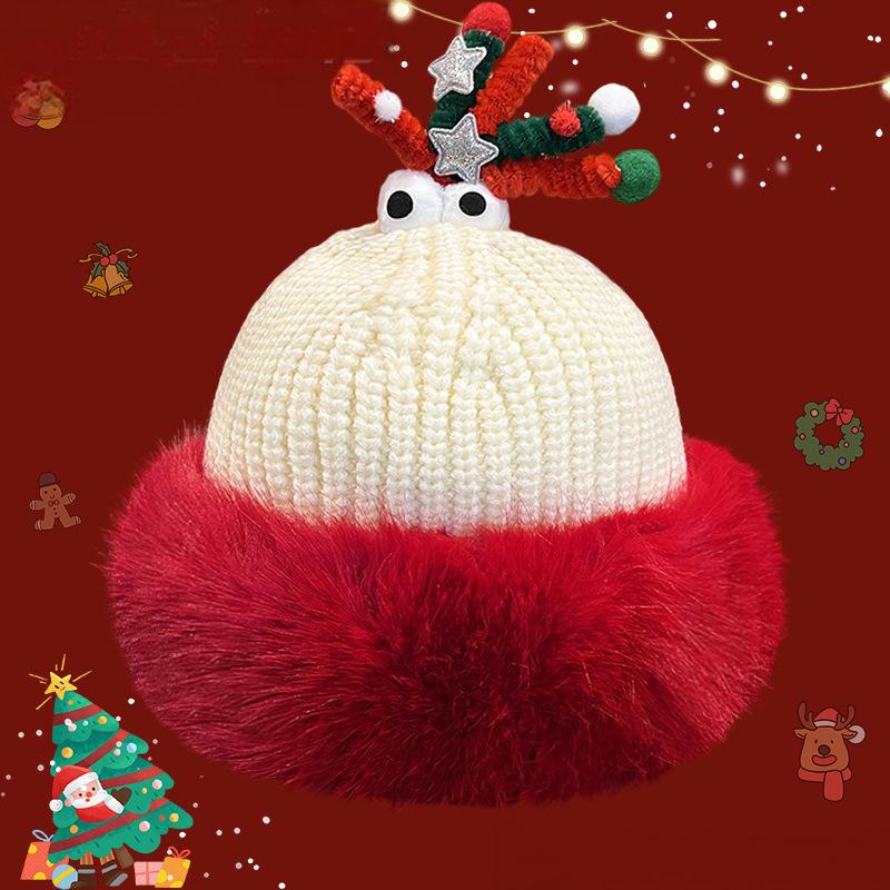 Christmas Knit Beanie with Antlers – Faux Rabbit Fur, Ear Warmers, Wide Brim for Outdoor Commute & Gatherings