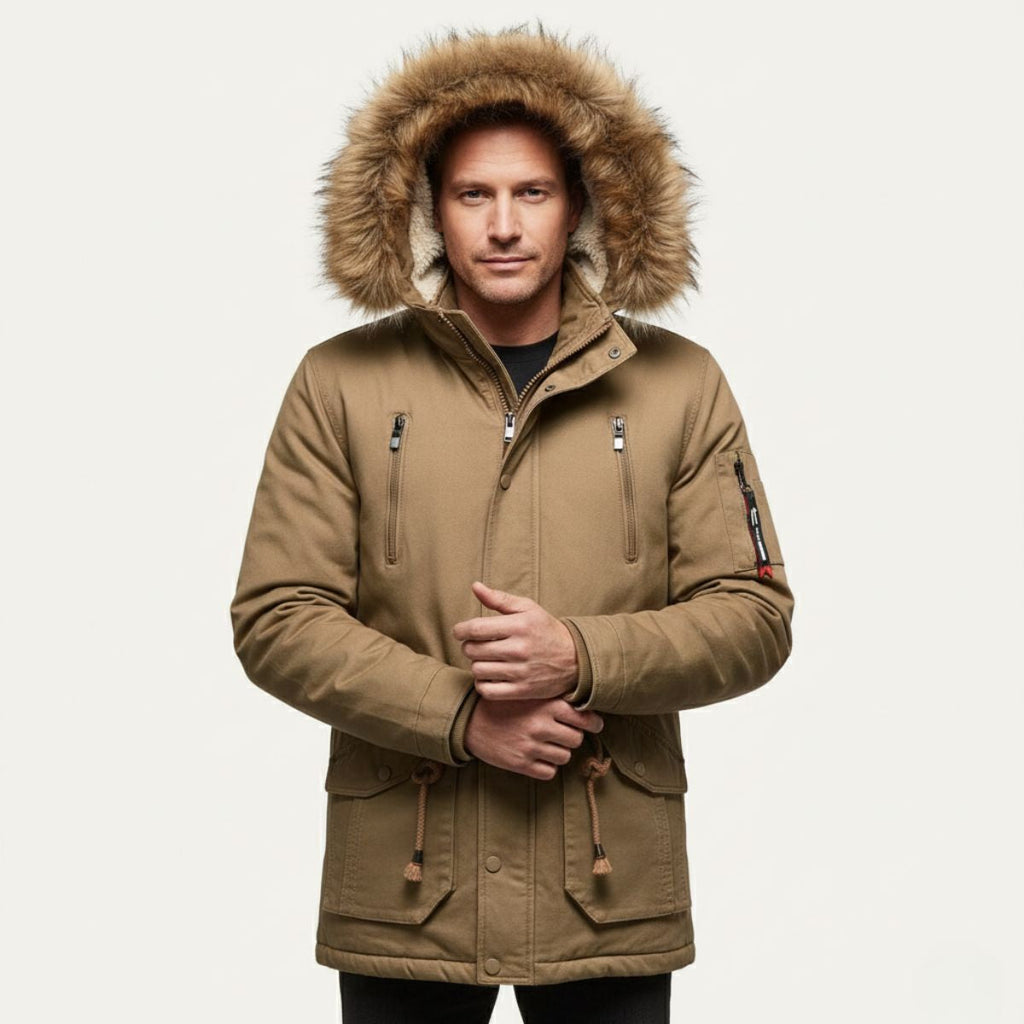 Warm Men's Down Parka Jacket with Faux Fur Hood