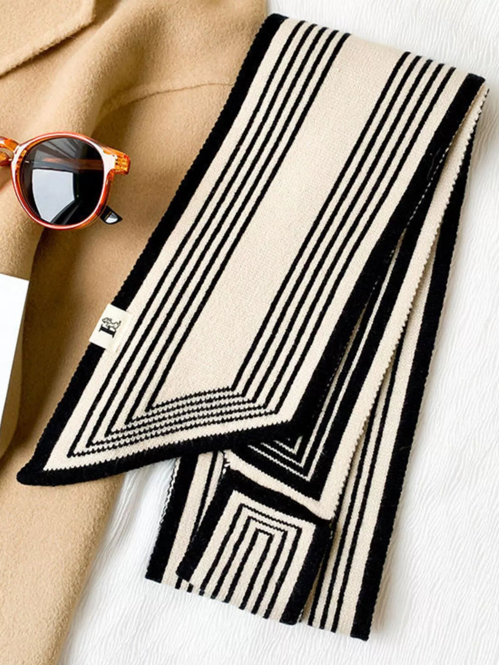 Black Striped Knitted Narrow Winter Scarf