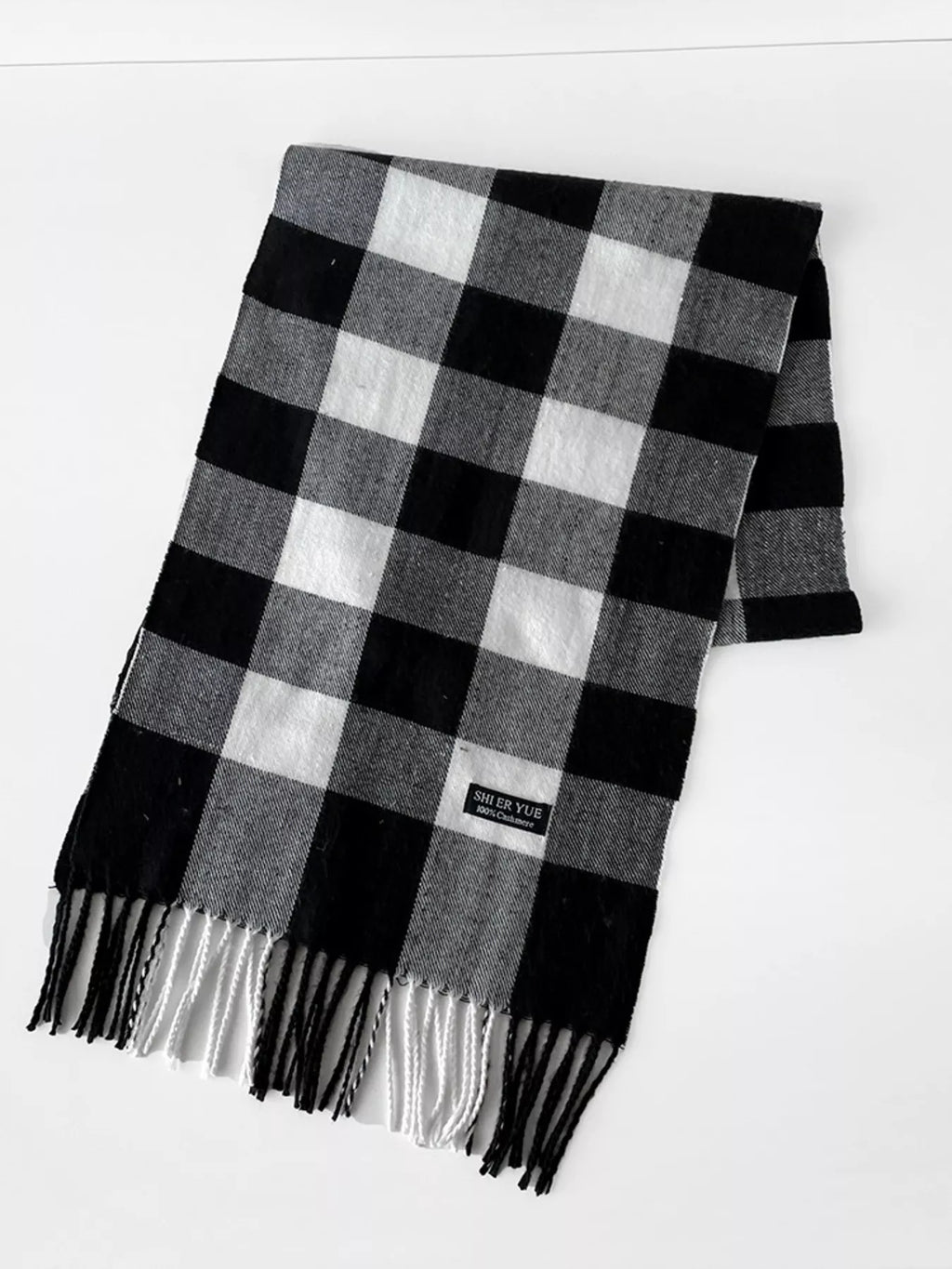 Classic Black Buffalo Check Plaid Fringe Scarf