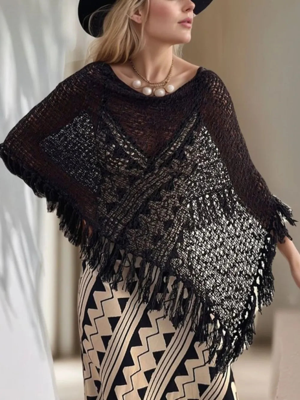 Tassel Boat Neck Knit Shawl