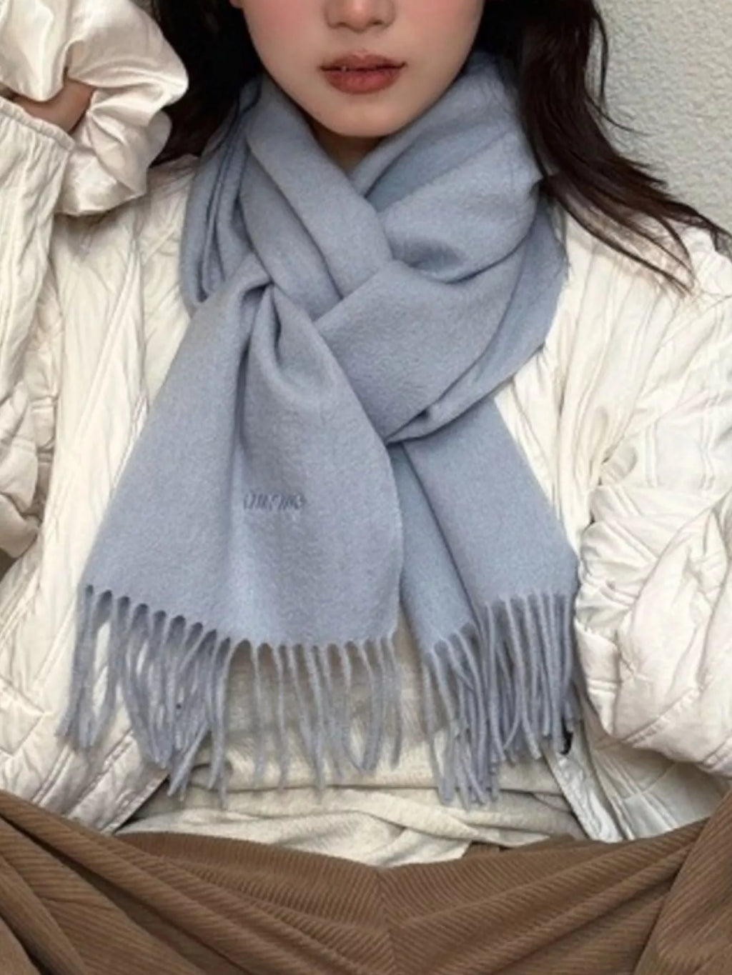 Blue Fringe Solid Color Wool Scarf