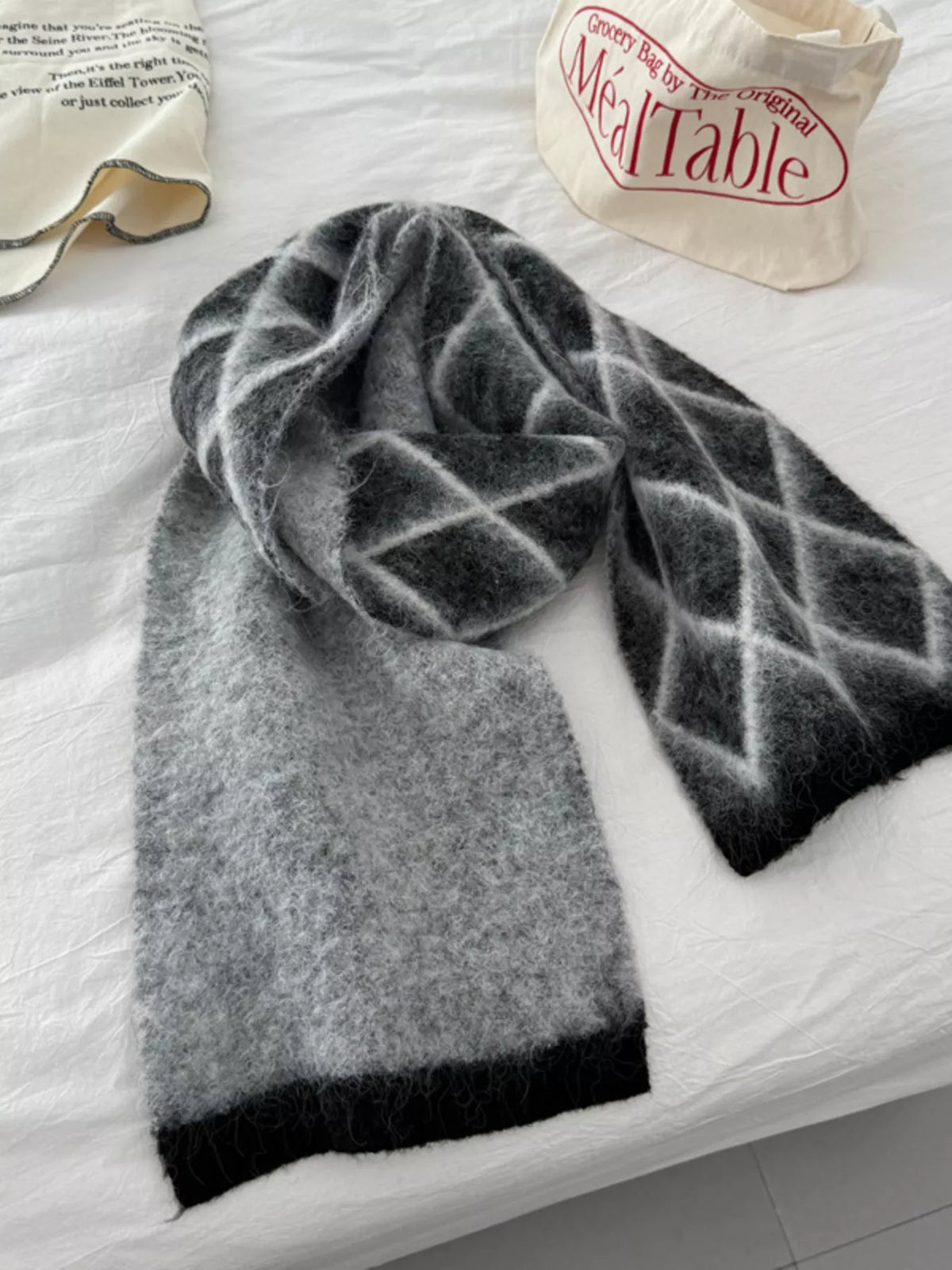 Diamond Pattern Fuzzy Knit Scarf