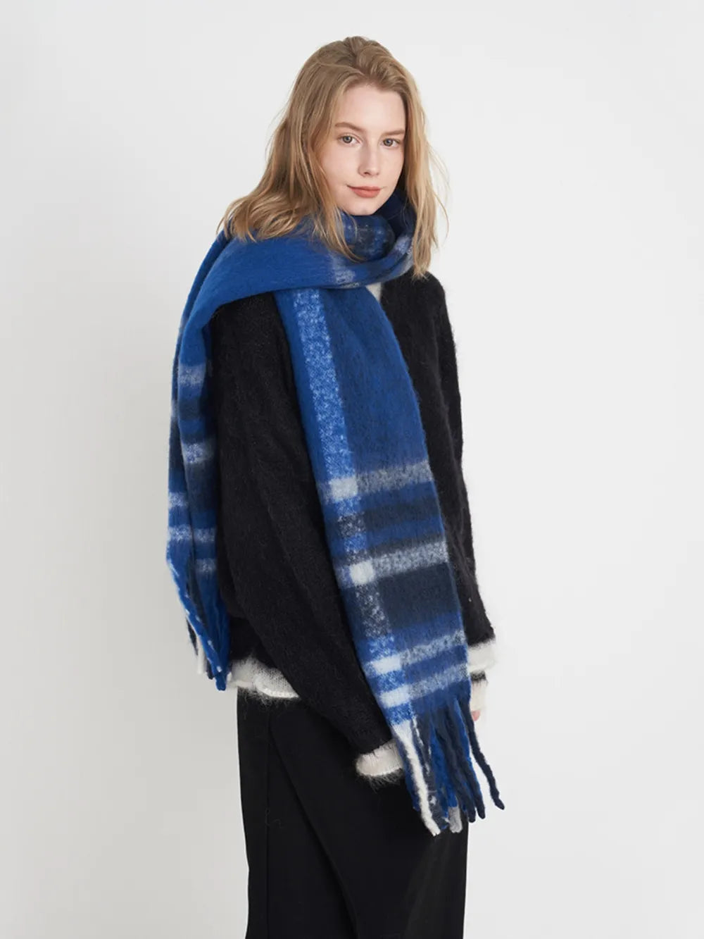 Extra Long Fringe Plaid Polyester Scarf