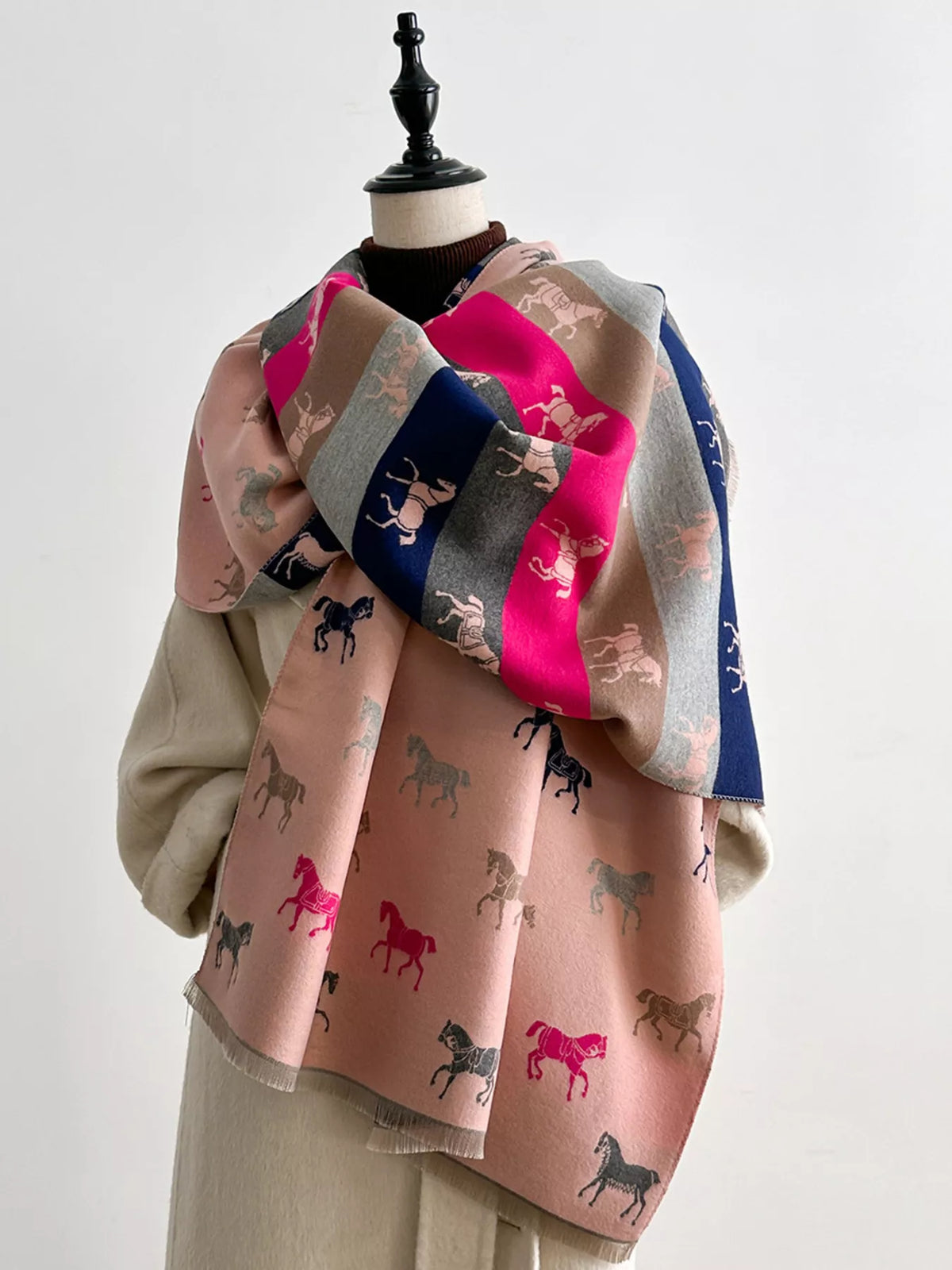 Horse Print Raw Hem Cotton Scarf