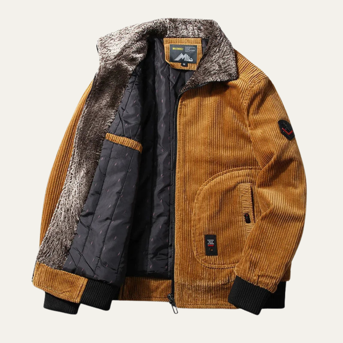 Warm Men's Quilted Fleece Jacket with Fur Trim Coat