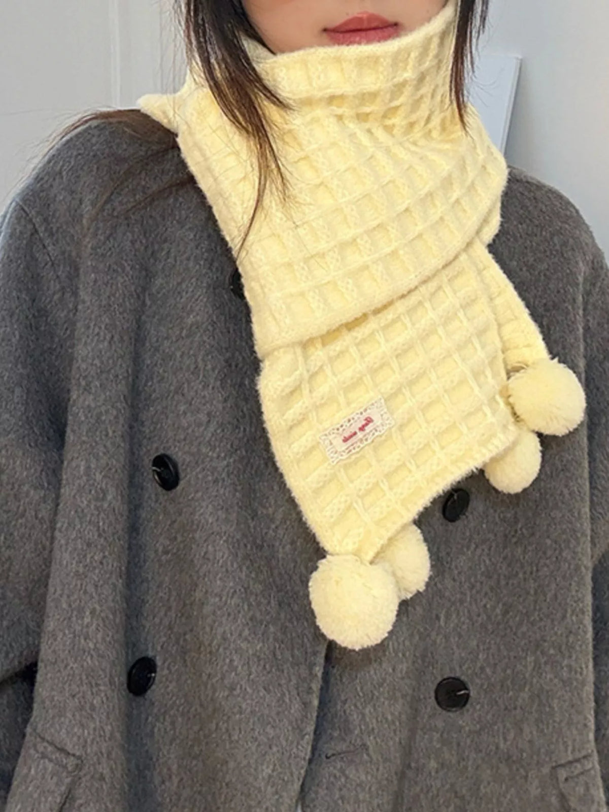 Thick Waffle Knit Pom-Pom Winter Scarf