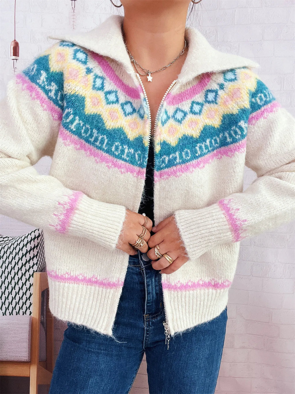 Fair Isle Zip Up Cardigan