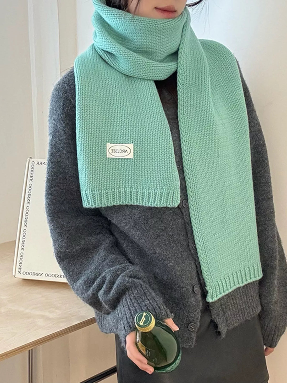 Solid Color Knitted Winter Scarf with Ribbed Ends