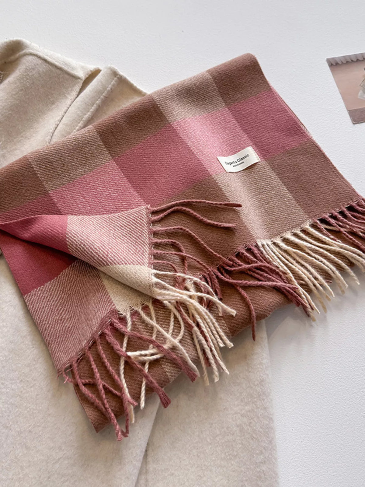 Color Block Plaid Fringe Blanket Scarf