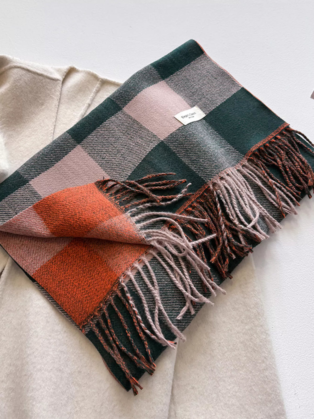 Color Block Plaid Fringe Blanket Scarf
