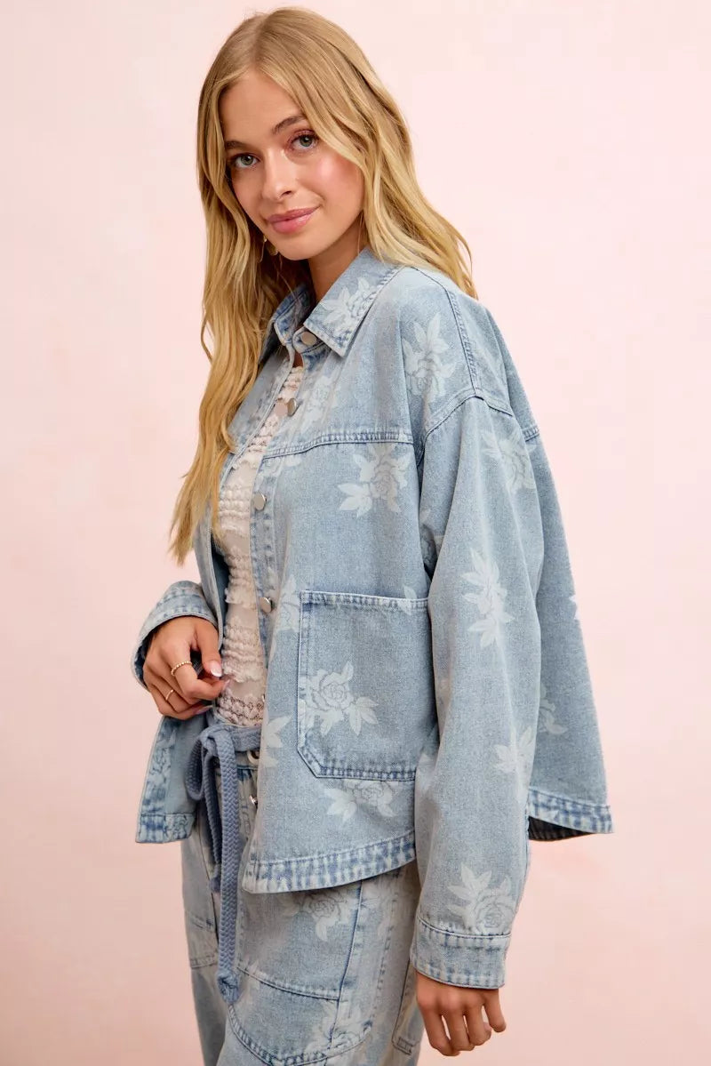 Floral Print Washed Denim Jacket