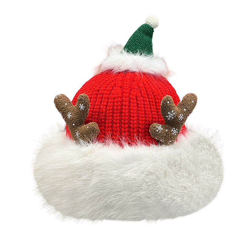 Christmas Knit Beanie with Antlers – Faux Rabbit Fur, Ear Warmers, Wide Brim for Outdoor Commute & Gatherings