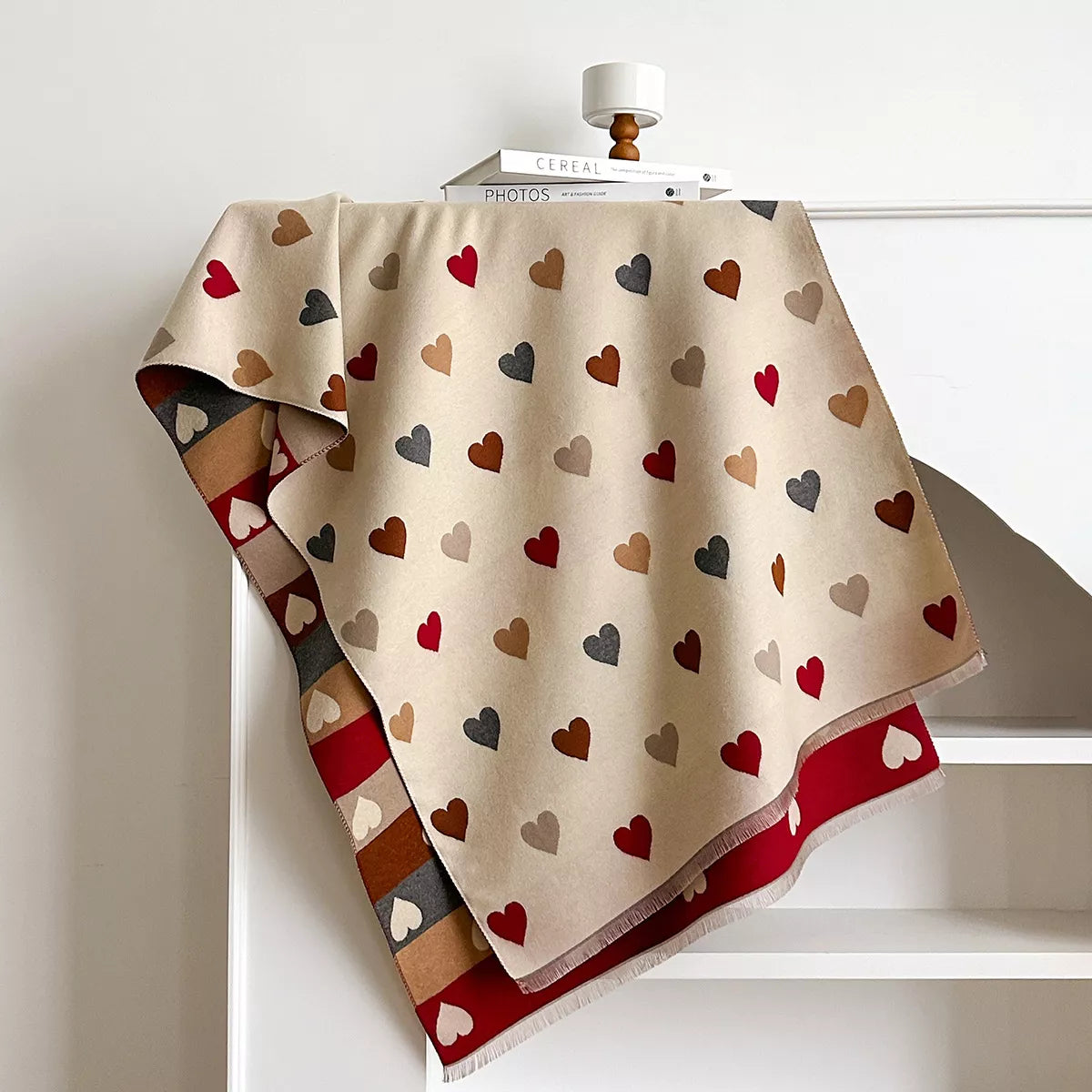 Heart Pattern Fringe Winter Scarf