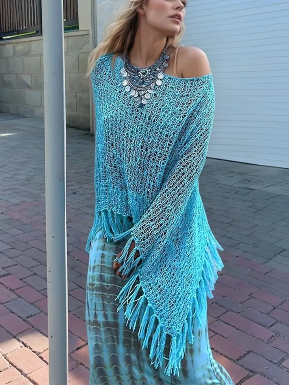 Tassel Boat Neck Knit Shawl