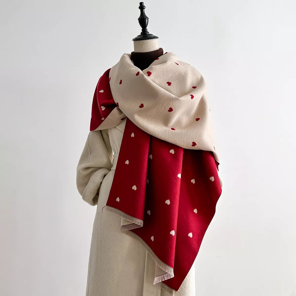 Heart Patterned Raw Hem Winter Scarf