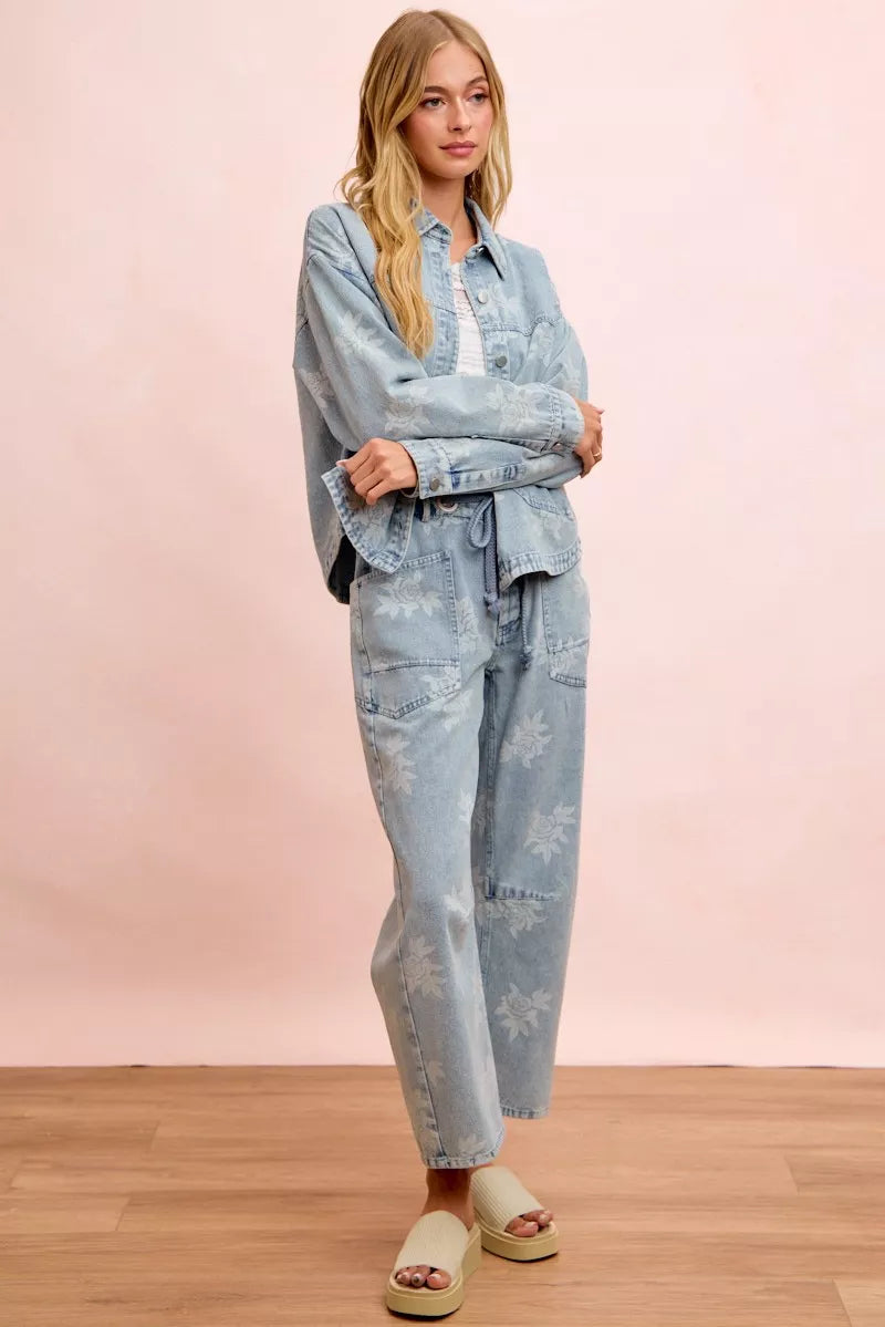 Floral Print Washed Denim Jacket