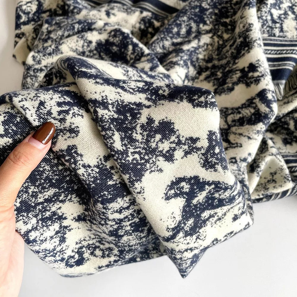 Peacock Blue Toile Printed Raw Hem Scarf