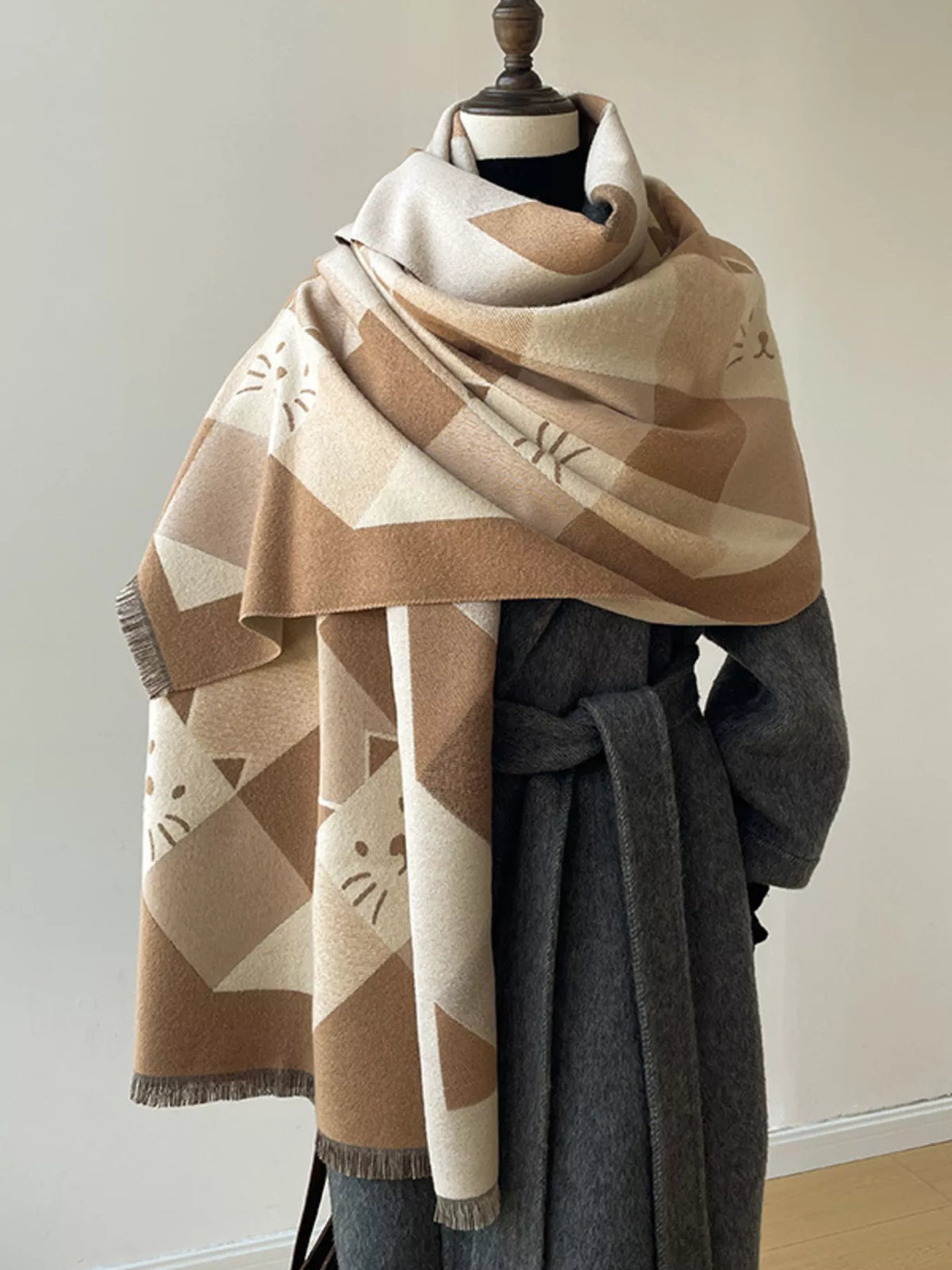 Cute Cat Plaid Raw Hem Scarf