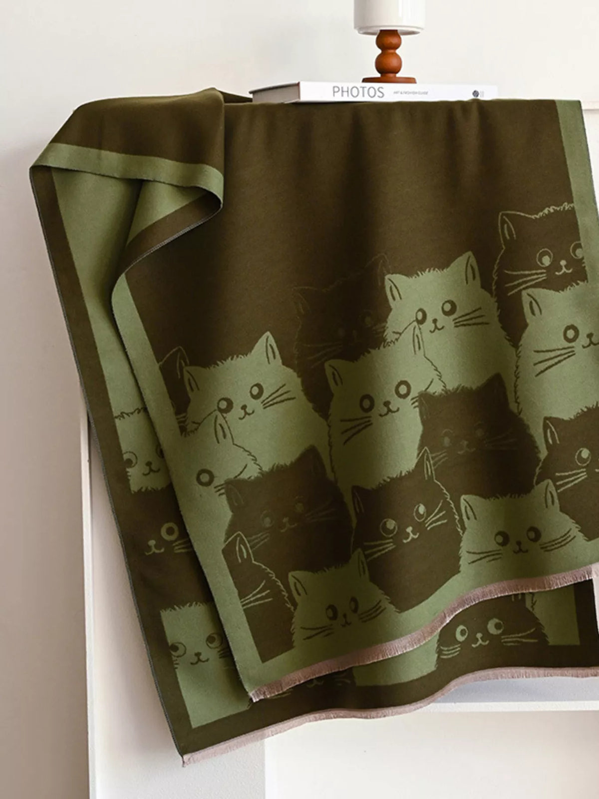Cute Cat Pattern Knitted Wide Scarf with Contrast Border