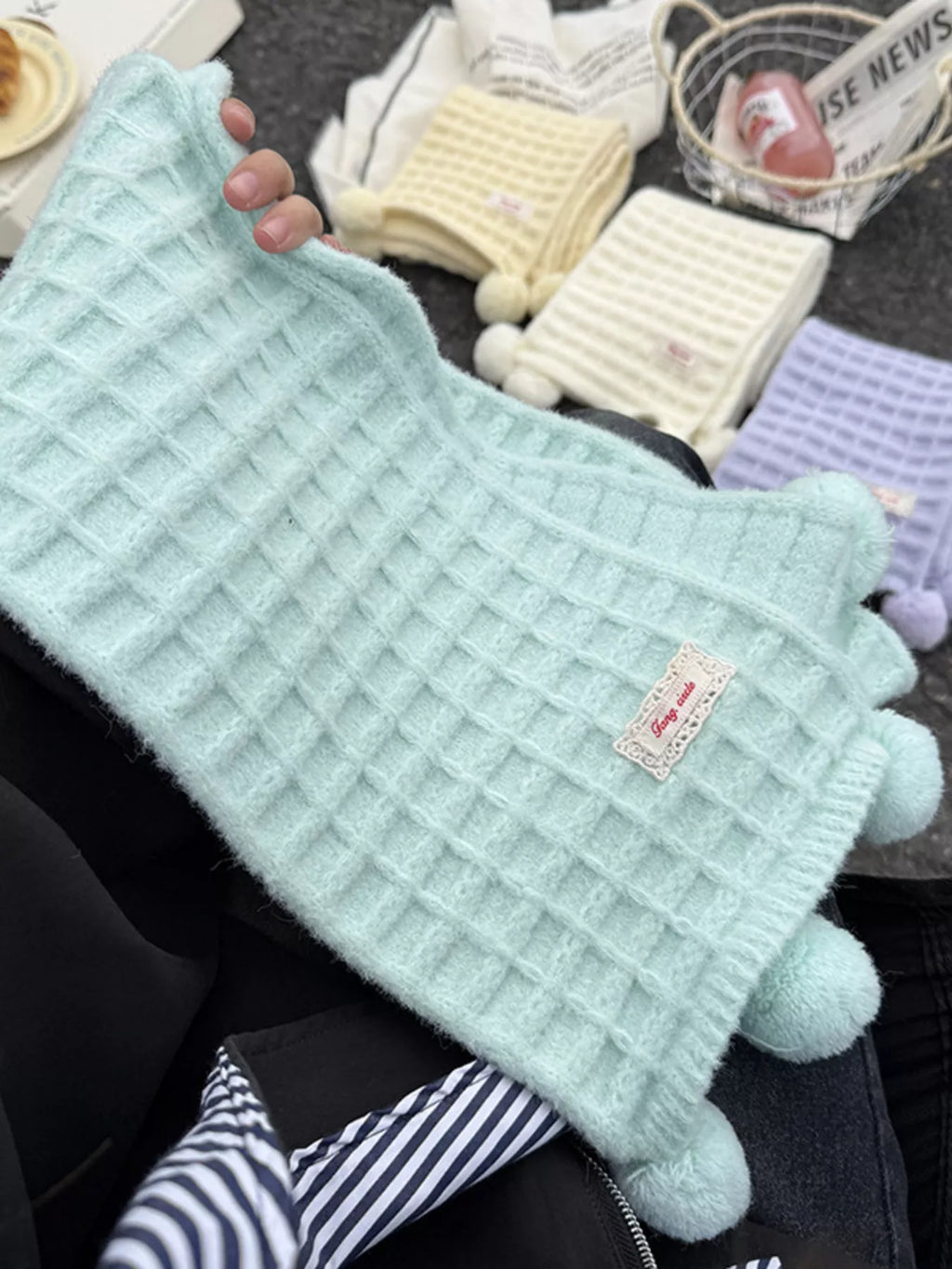 Thick Waffle Knit Pom-Pom Winter Scarf