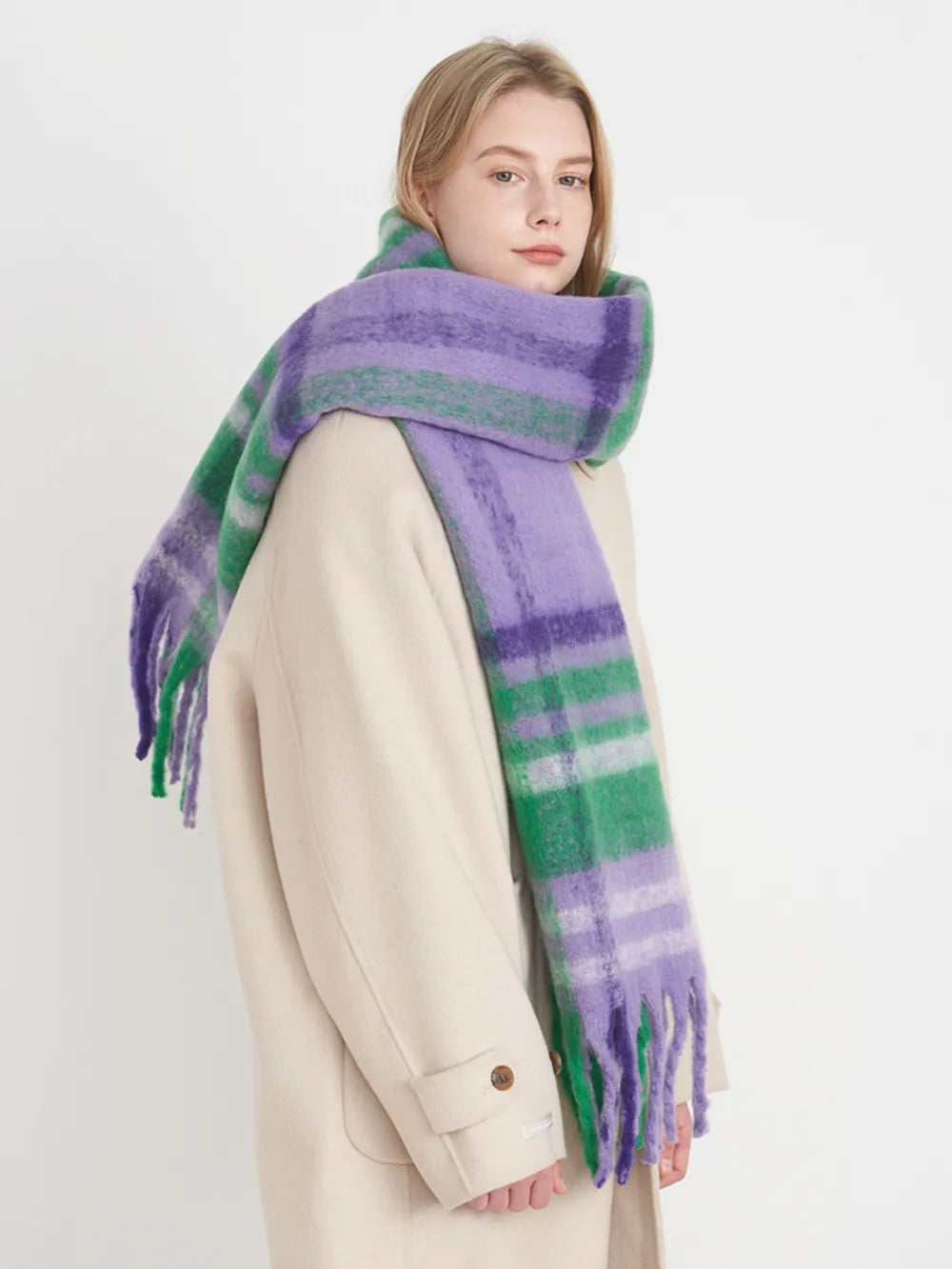 Extra Long Fringe Plaid Polyester Scarf