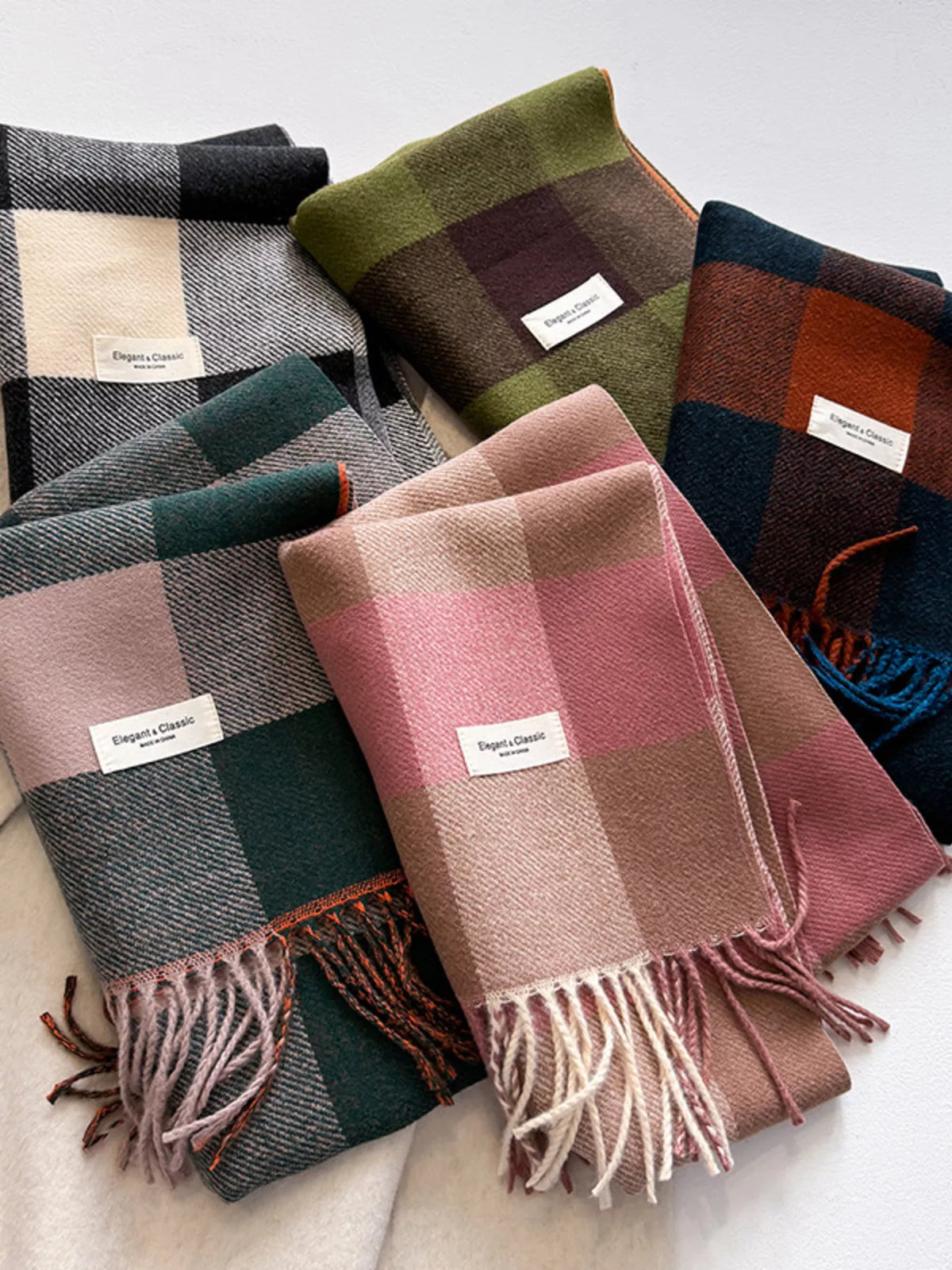 Color Block Plaid Fringe Blanket Scarf