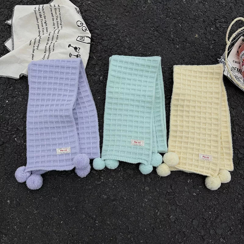 Soft Waffle Knit Pom-Pom Scarf with Label Patch