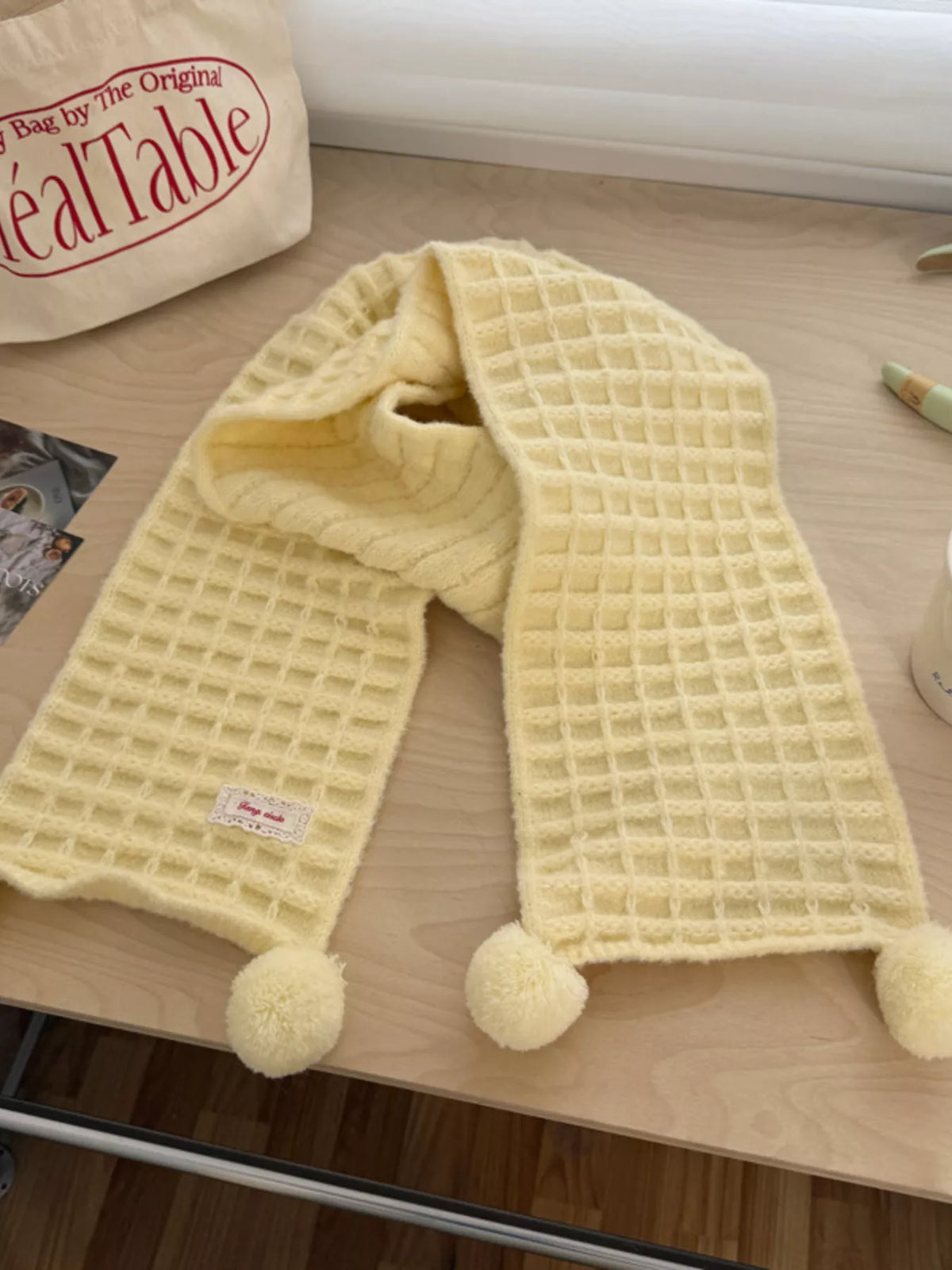 Thick Waffle Knit Pom-Pom Winter Scarf