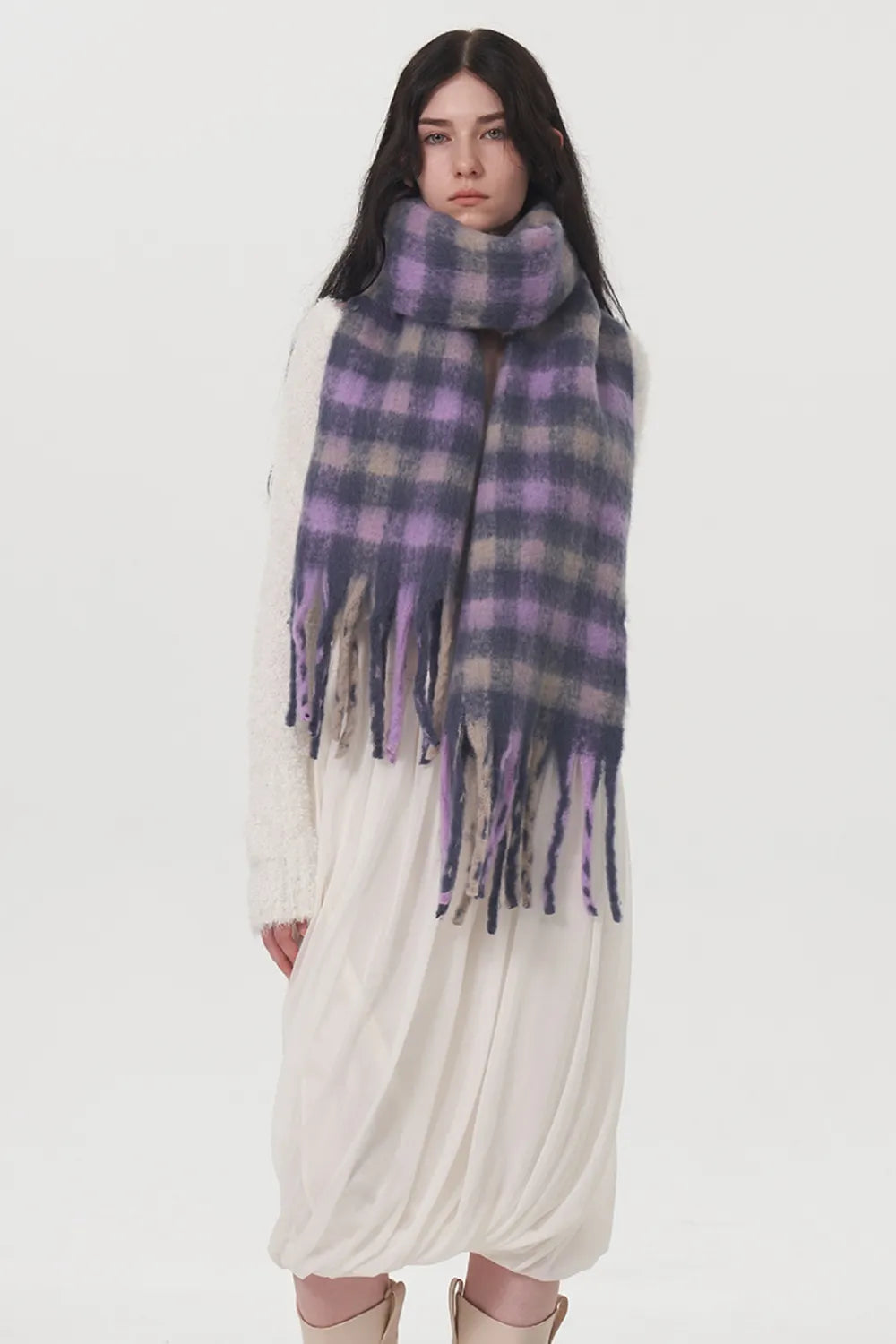Lilac Chunky Fringe Plaid Polyester Scarf