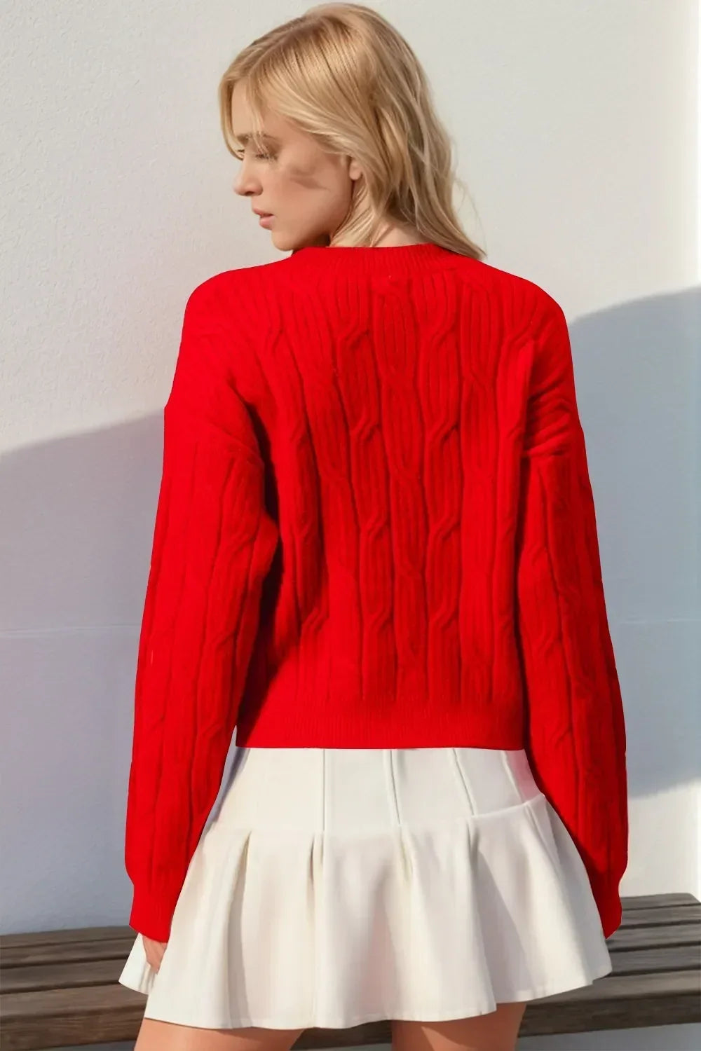 Bow Cable Knit Round Neck Sweater