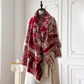 Deep Red Printed Raw Hem Winter Scarf