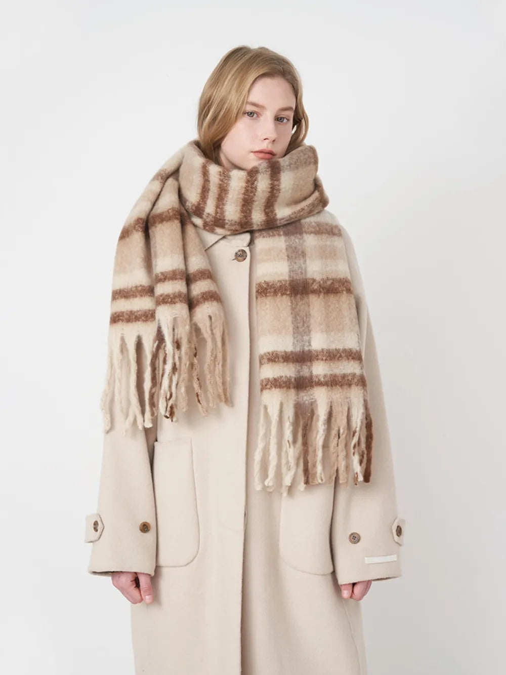 Extra Long Fringe Plaid Polyester Scarf