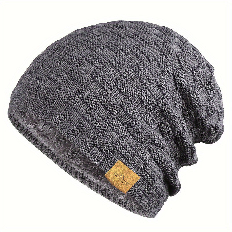 Pandaize W Patch Fleece Beanie - Coldproof Knit Hat for Autumn & Winter