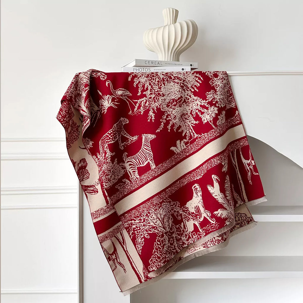 Deep Red Printed Raw Hem Winter Scarf