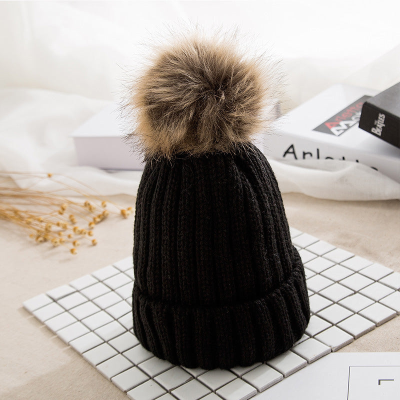 Cozy Knit Beanie with Faux Fur Pom - Korean Style Warm Hat