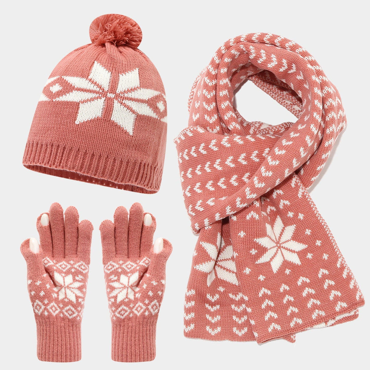 Cozy Snowflake Knit Hat, Scarf & Glove Set