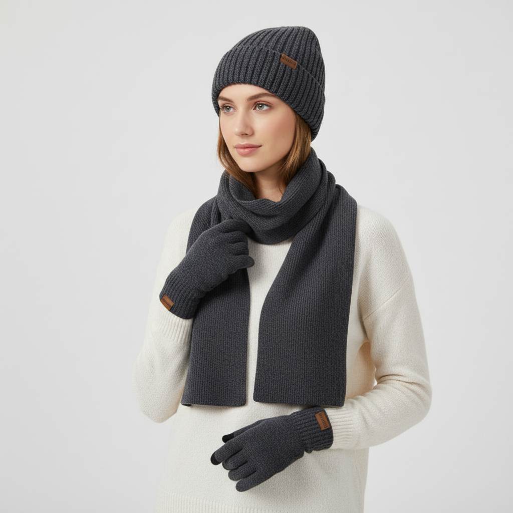 Cozy 3 Piece Knit Winter Hat Scarf Set
