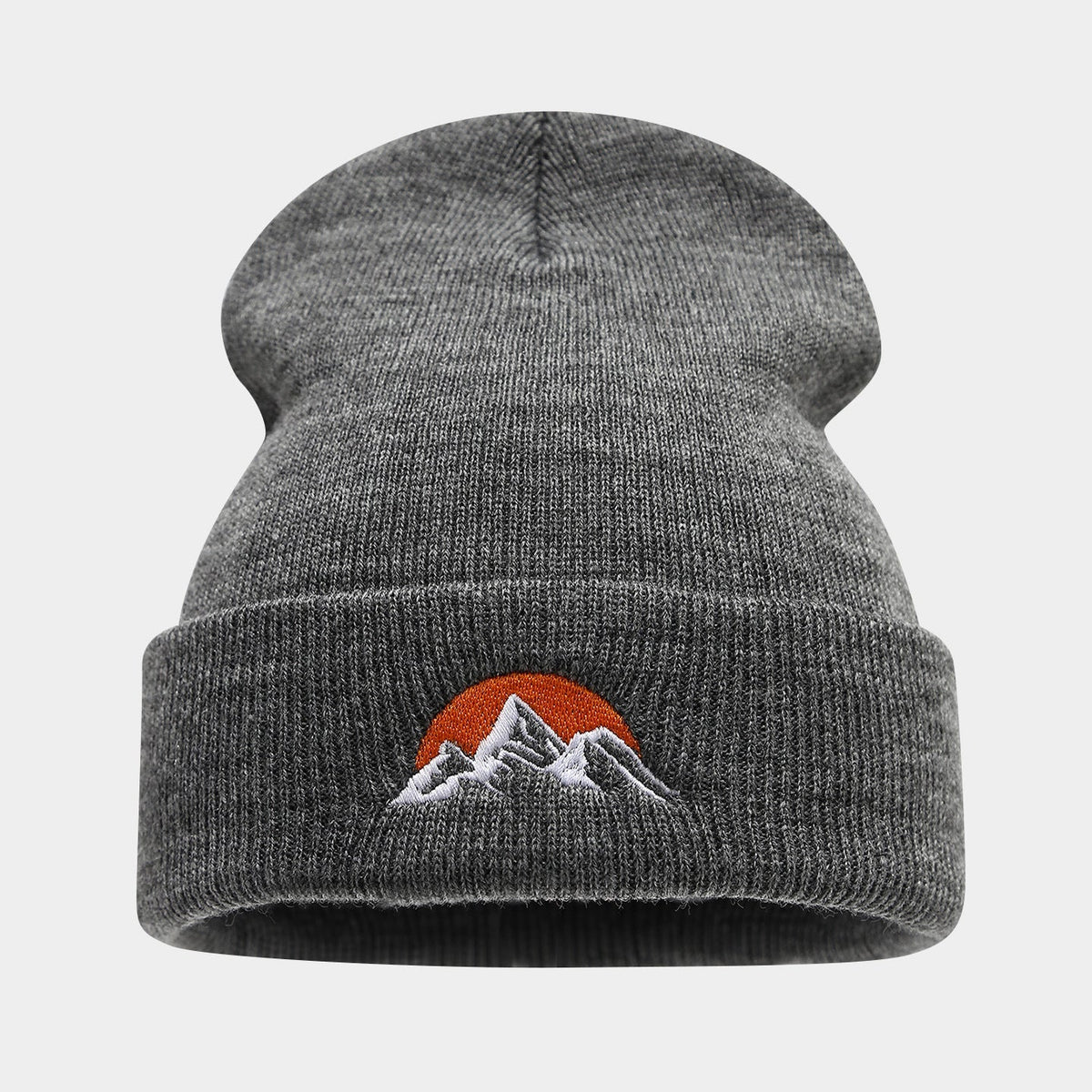 Embroidered Mountain Sun Beanie - Warm Knit Hat