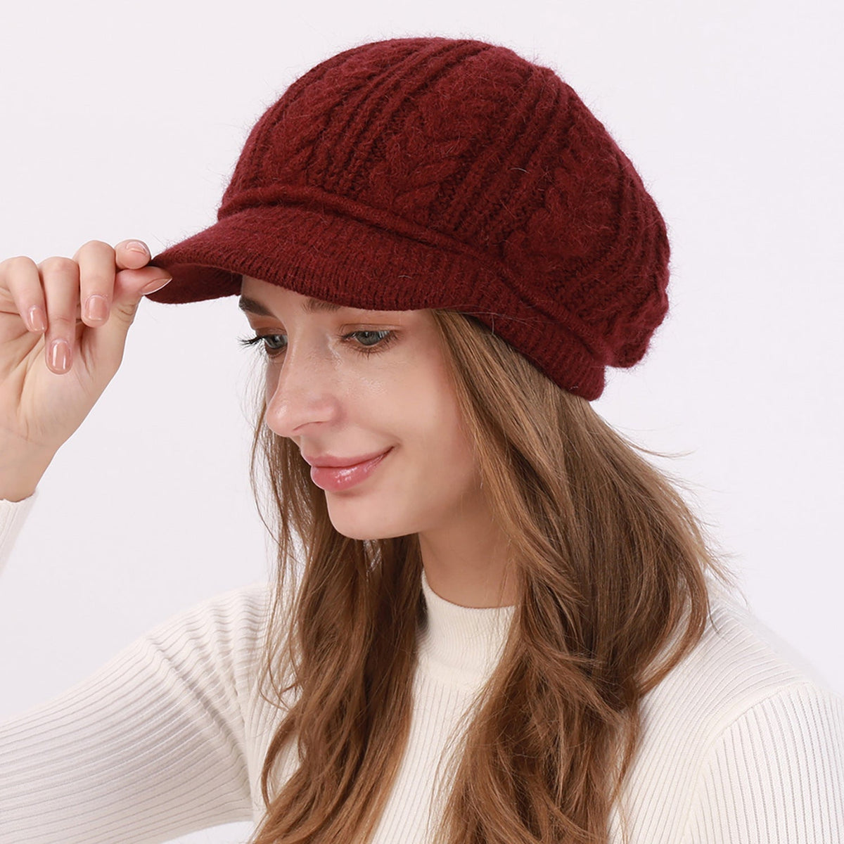 Fleece-Lined Knit Beret with Brim for Women
