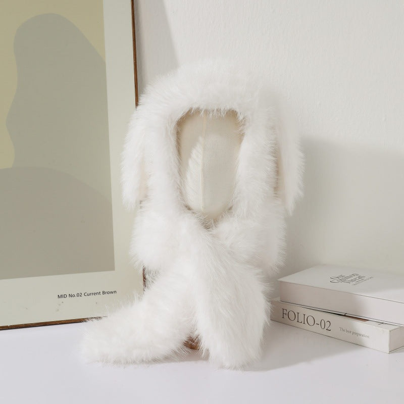 Faux Fur Scarf-Integrated Bunny Ear Trapper Hat - Winter Outdoor Cold-Proof Warm Ear-Flapped Beanie - Unisex Slouchy Headwear