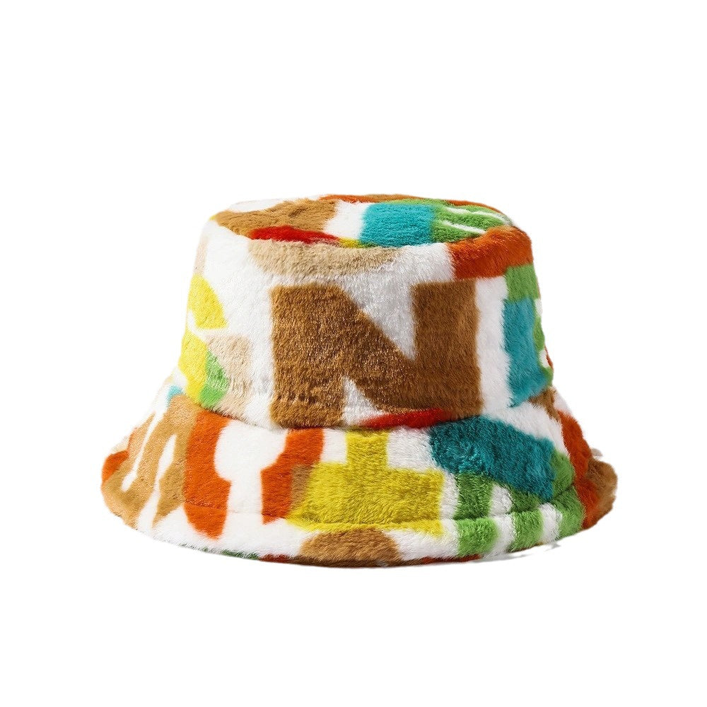 Autumn Winter Tie-Dye Letter Fleece Fisherman Hat – Thickened, Unisex for Skiing & Outdoor Commute