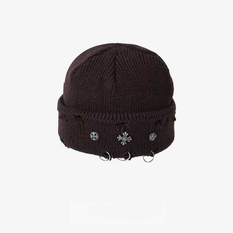 Vintage Cross Knit Beanie - Distressed Style, Punk Streetwear, Warm for Outdoor & Gatherings