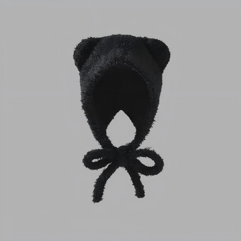 Women's Plush Bear Knitted Beanie - Winter Windproof Ear Protection Hat - Hand Crochet Cotton Acrylic Blend