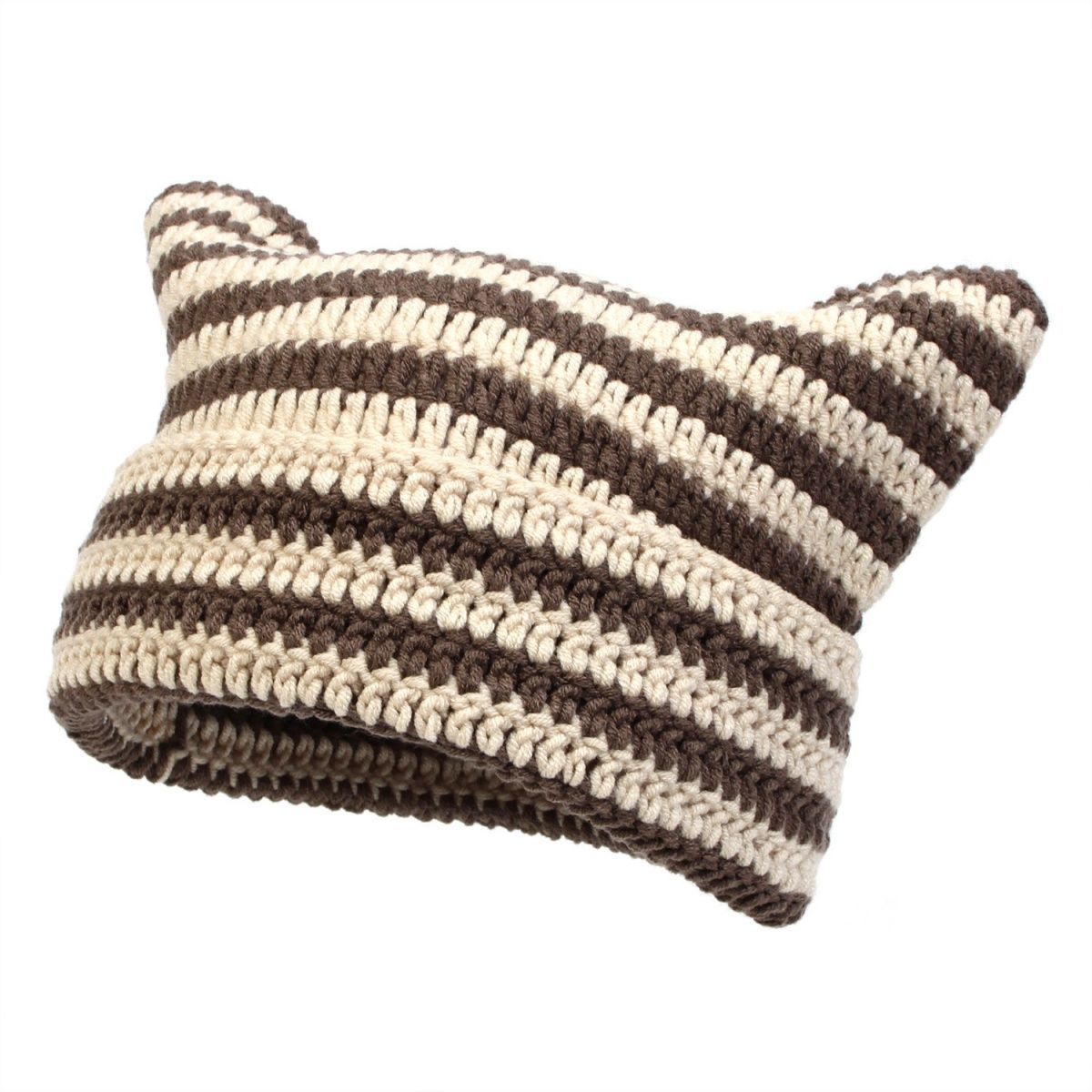 Hand-Knitted Striped Beanie - Colorblock Cotton Acrylic Blend Winter Hat - Stretchy Unisex Stocking Cap