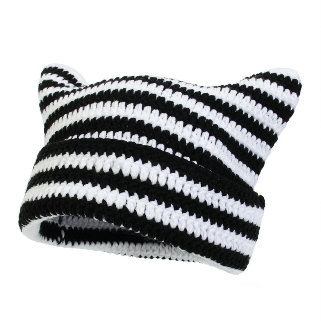 Hand-Knitted Striped Beanie - Colorblock Cotton Acrylic Blend Winter Hat - Stretchy Unisex Stocking Cap