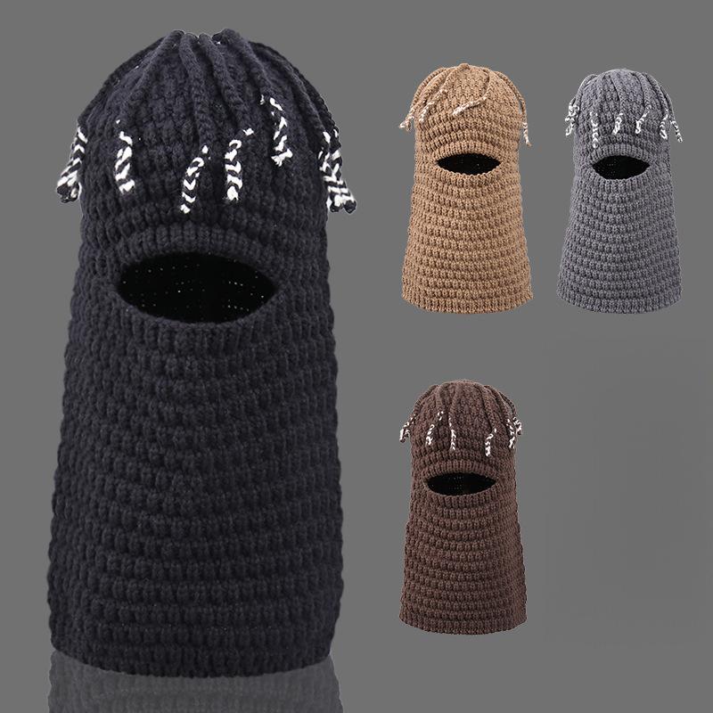 Knitted Beanie for Unisex, Autumn Winter Funny Ear-Warming Mask-Integrated Cap, Trendy Headwear